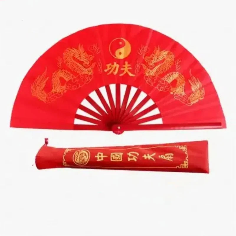 Red traditional bamboo folding fan featuring a golden dragon design and Chinese characters