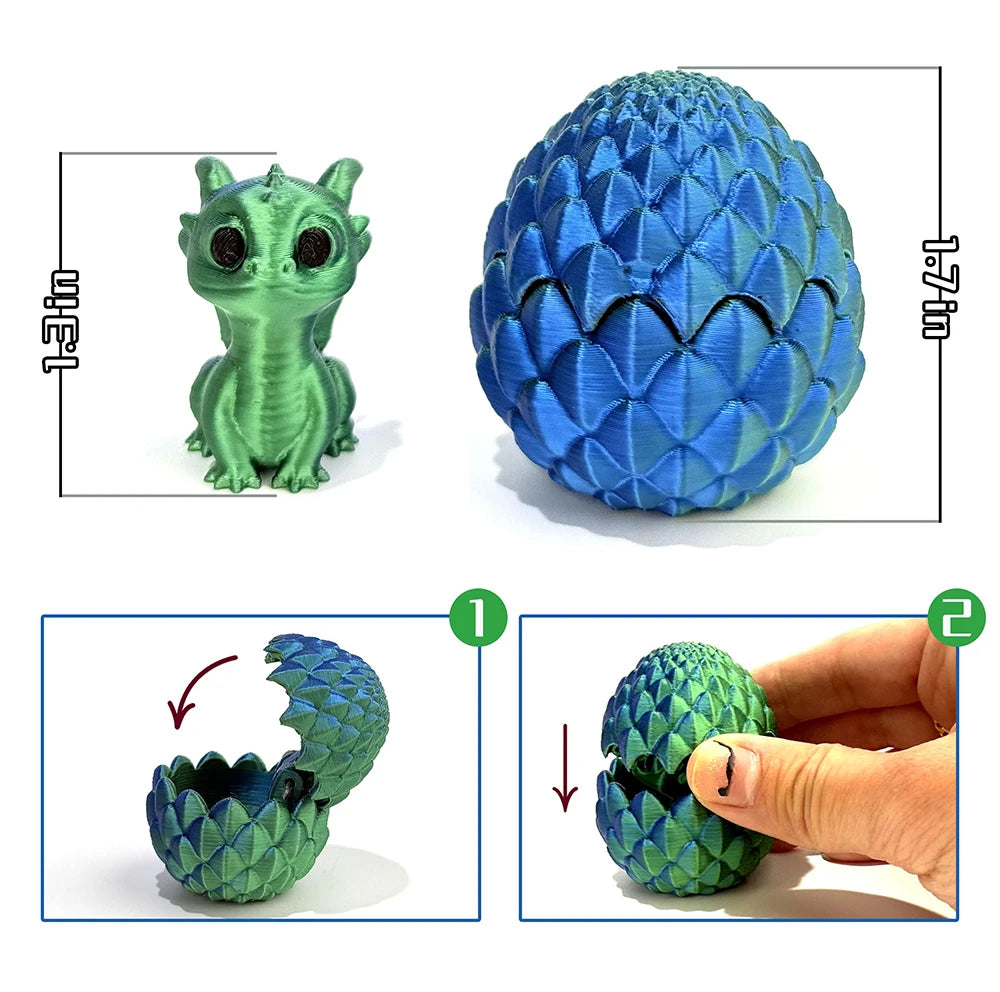 A vibrant blue dragon egg with a textured surface and a small green dragon toy shown next to its dimensions.