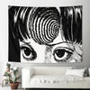 A black and white tapestry wall hanging featuring a stylized, intense eye design inspired by Junji Ito manga.
