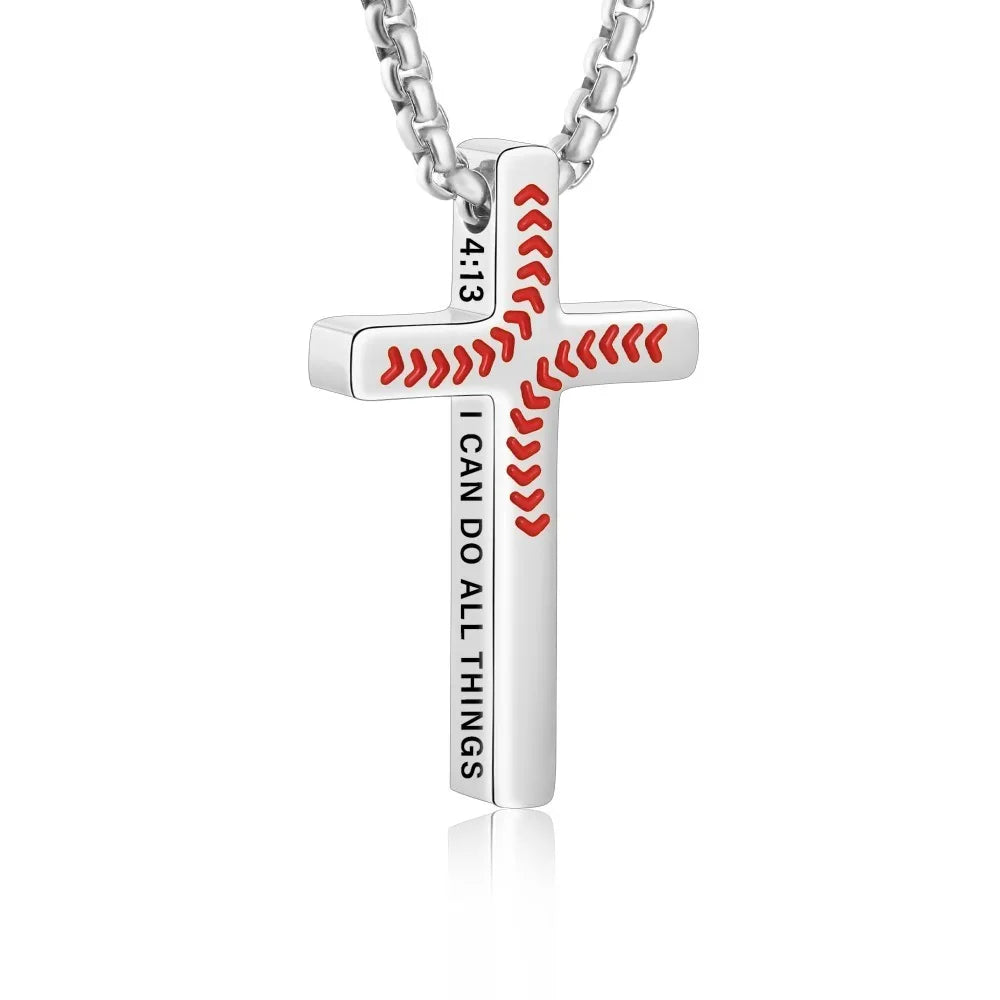 Silver stainless steel cross pendant necklace with a red baseball pattern design
