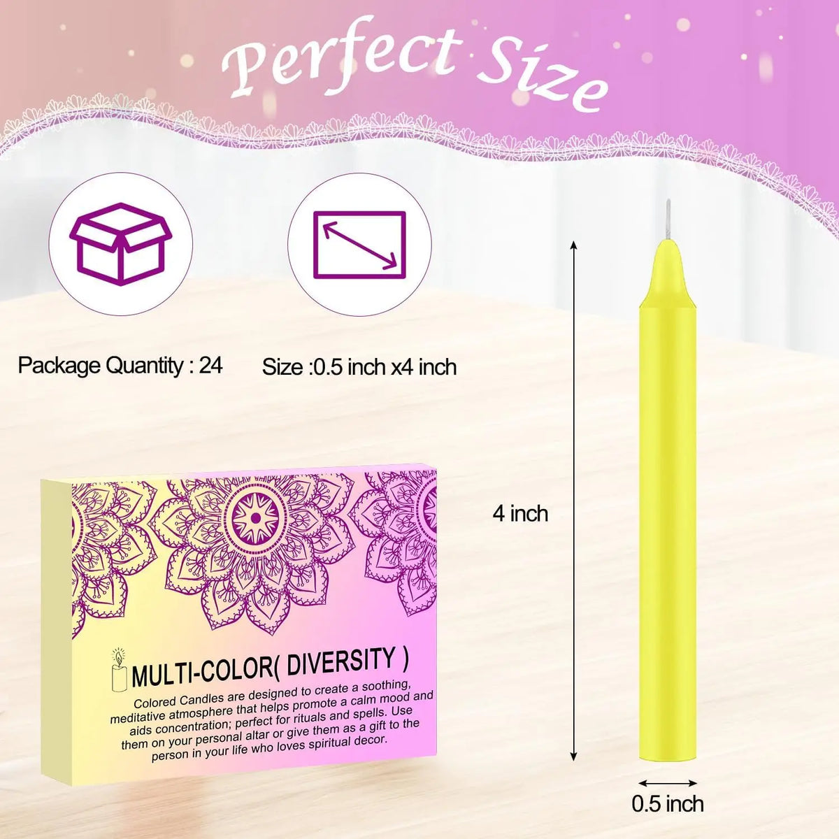 Un paquet de 24 bougies bâtons multicolores, de 4 pouces de long et 0,5 pouce de diamètre.