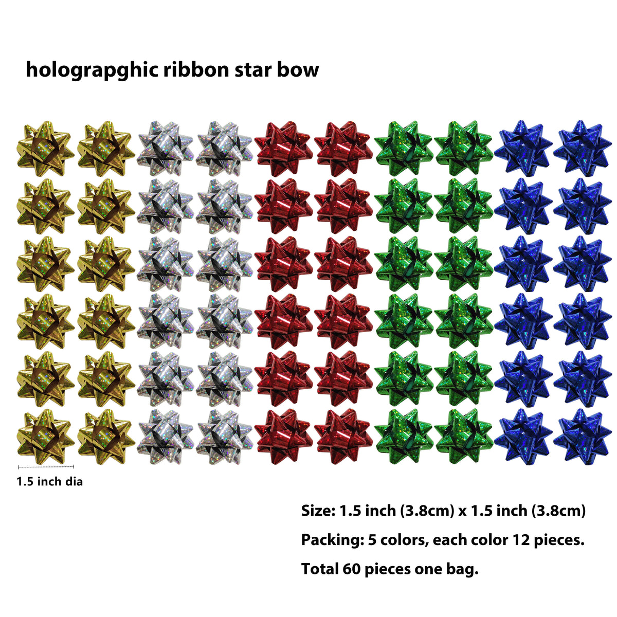 A display of 60 holographic ribbon star bows in five colors, arranged in rows.