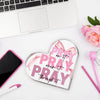 Pink bow acrylic heart sign with the text Pray on it pray over it pray through it for desk and home decor