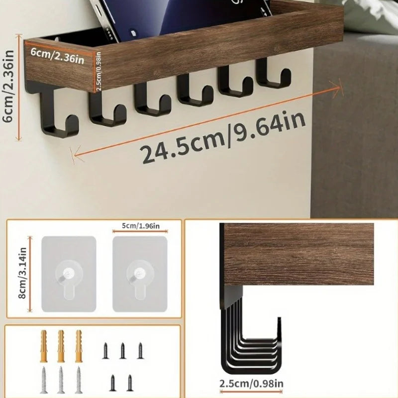 Rustic wooden floating shelf with hooks showing various sizes of hooks and mounting hardware.