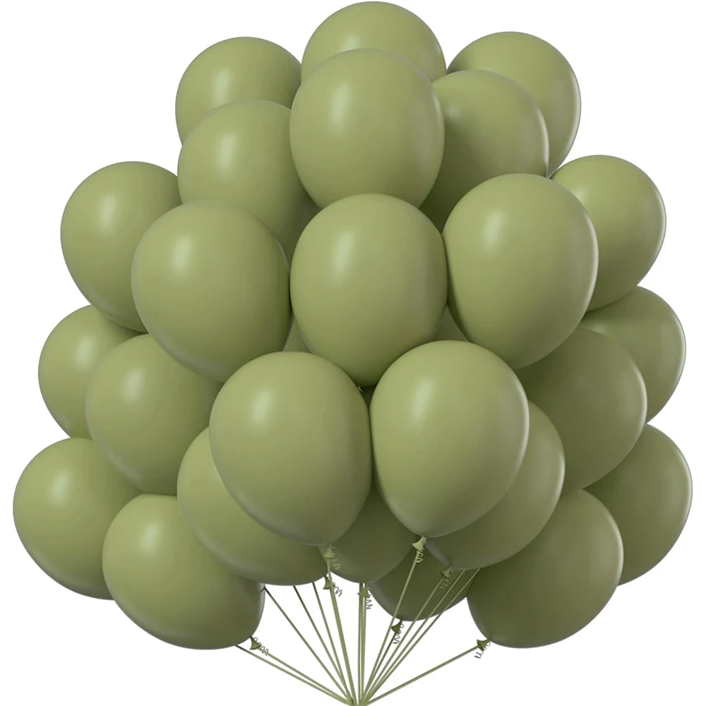 A bunch of light green latex balloons tied together for party decor.