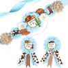 A set of blue and beige floral maternity sash and corsage pins featuring leaves and flowers.