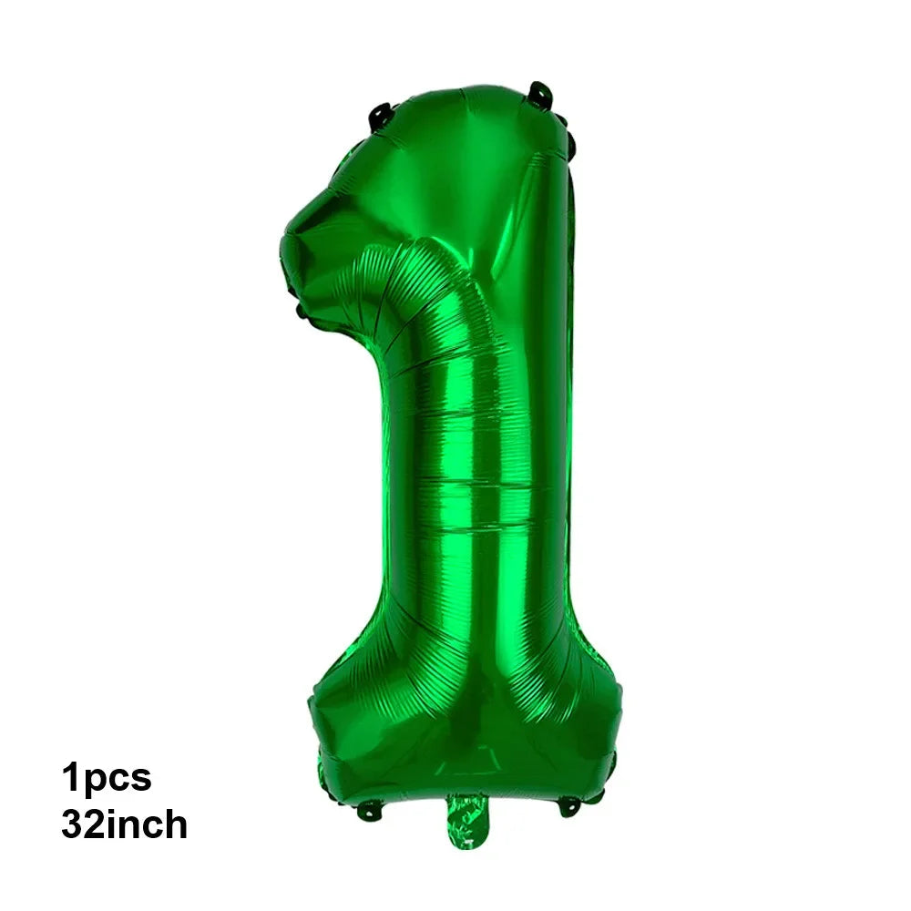 A single, shiny green foil balloon shaped like the number one, measuring 32 inches.