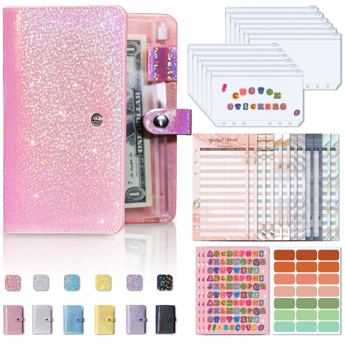 A pink leather cash envelope binder with a budget organizer featuring various color-coded sheets and pockets.
