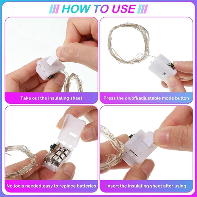 Instructions showing how to use battery-powered copper wire fairy lights including removing and inserting the insulating shee