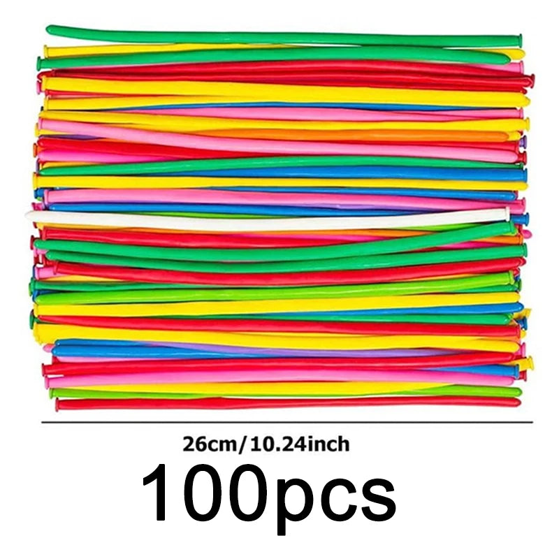 A stack of 100 assorted latex balloons in various bright colors like yellow, pink, green, and blue.