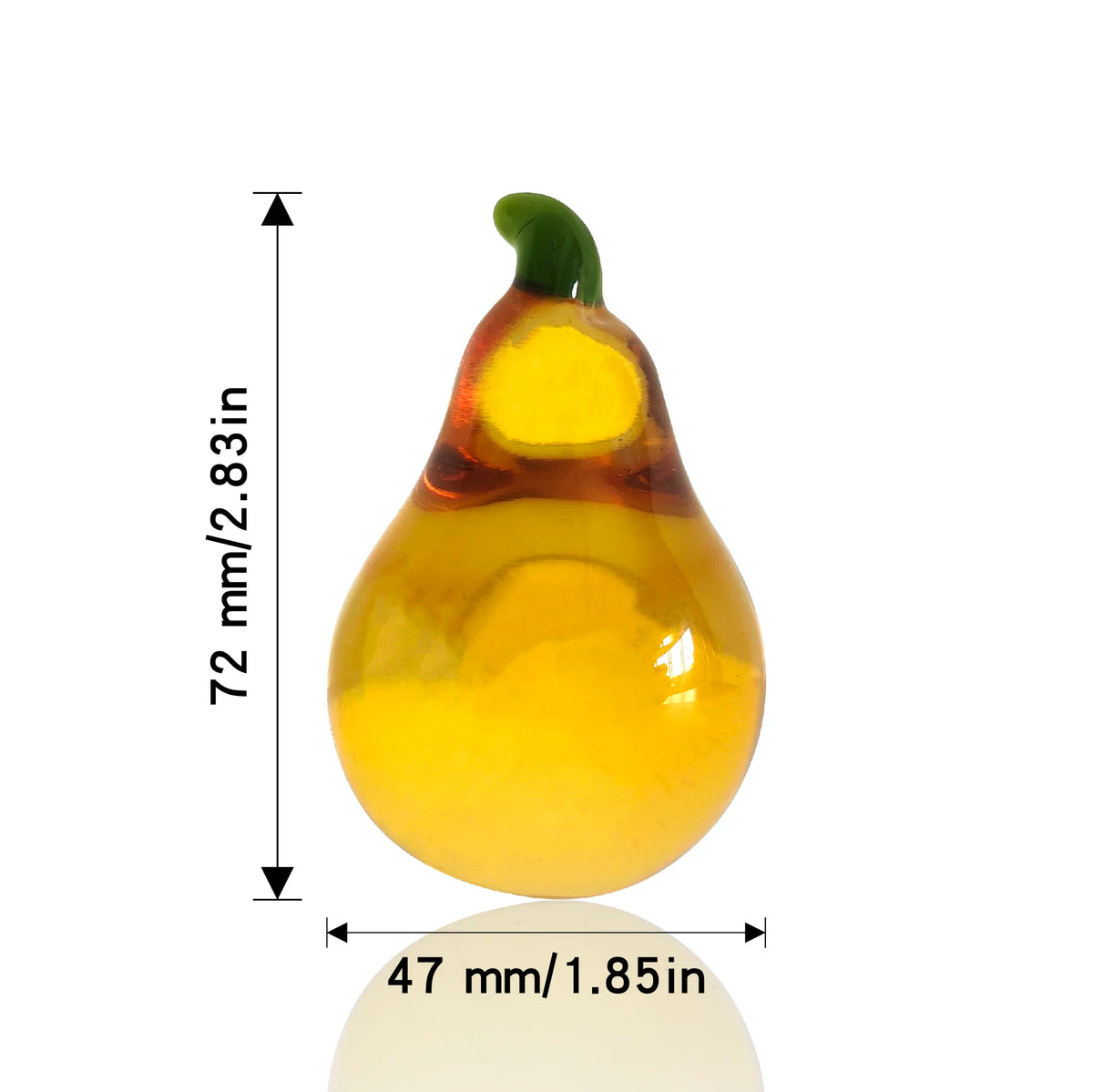 A yellow crystal glass pear figurine with a green stem, shown against a white background.