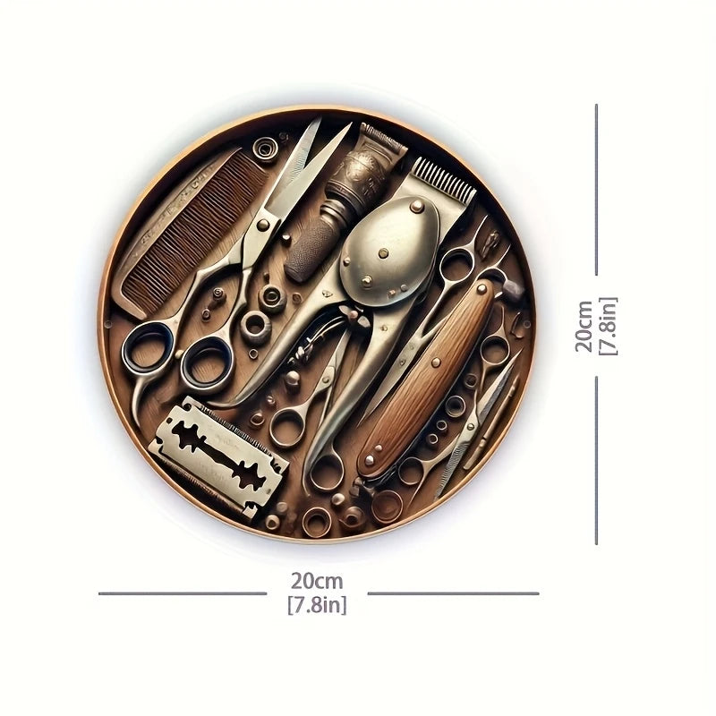 A collection of vintage wooden barber tools, including combs, scissors, and razors, displayed on a round brass plate.