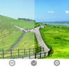 A comparison showing normal light and after using sunglasses on a scenic hill with a path.