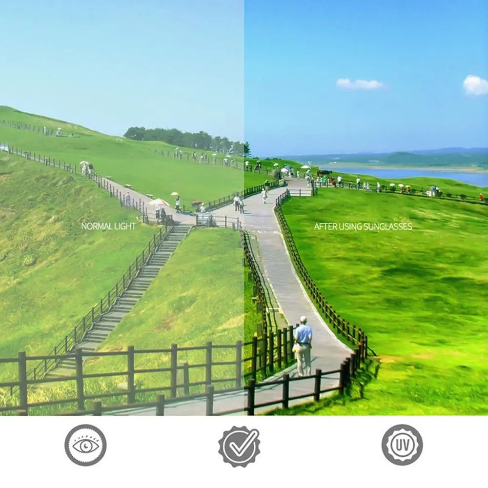 A comparison showing normal light and after using sunglasses on a scenic hill with a path.