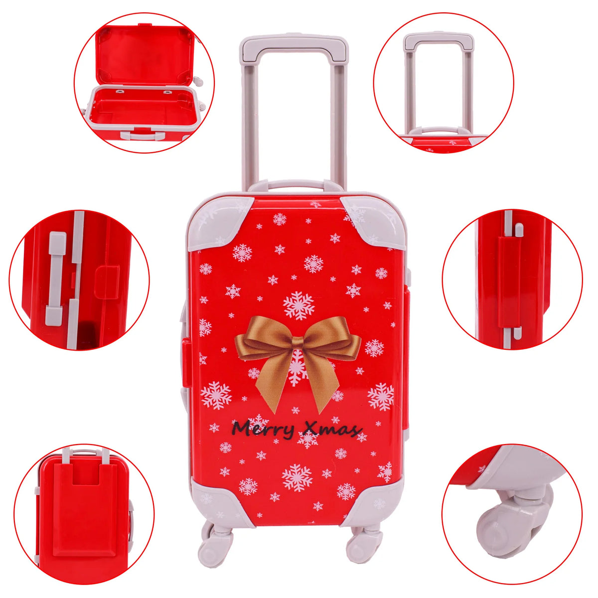 Red suitcase with Christmas theme and accessories for doll outfits