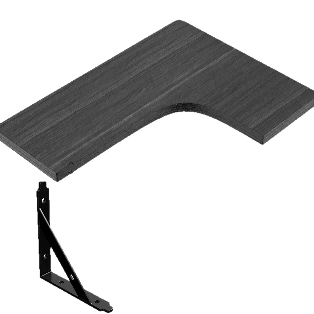 A dark gray wood floating shelf with a curved edge and a mounting bracket.