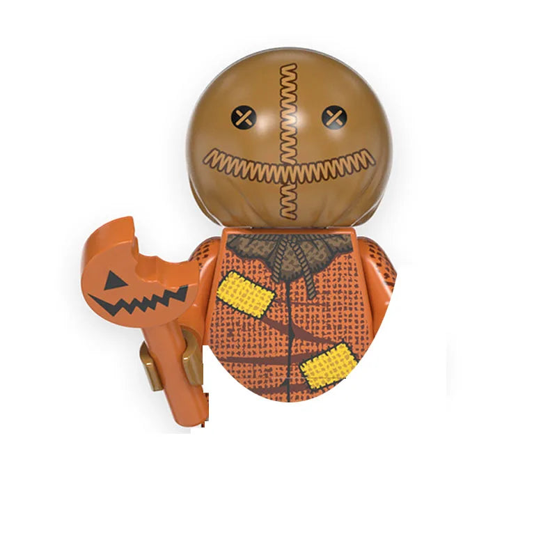 A set of horror movie icon building blocks featuring a brown head and an orange body with textured patterns.