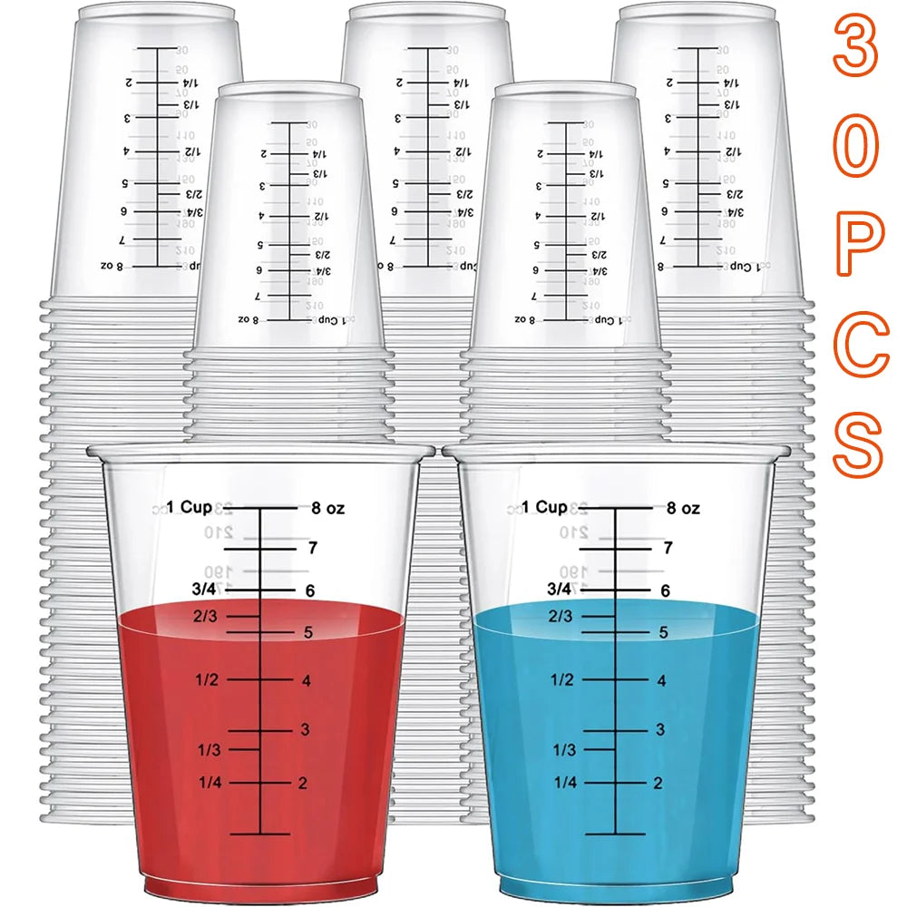 Disposable Measuring Cups, 8 oz (30-Pack) – Clear Plastic for Mixing and Baking