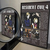 A framed poster for Resident Evil 4 featuring characters and game details.