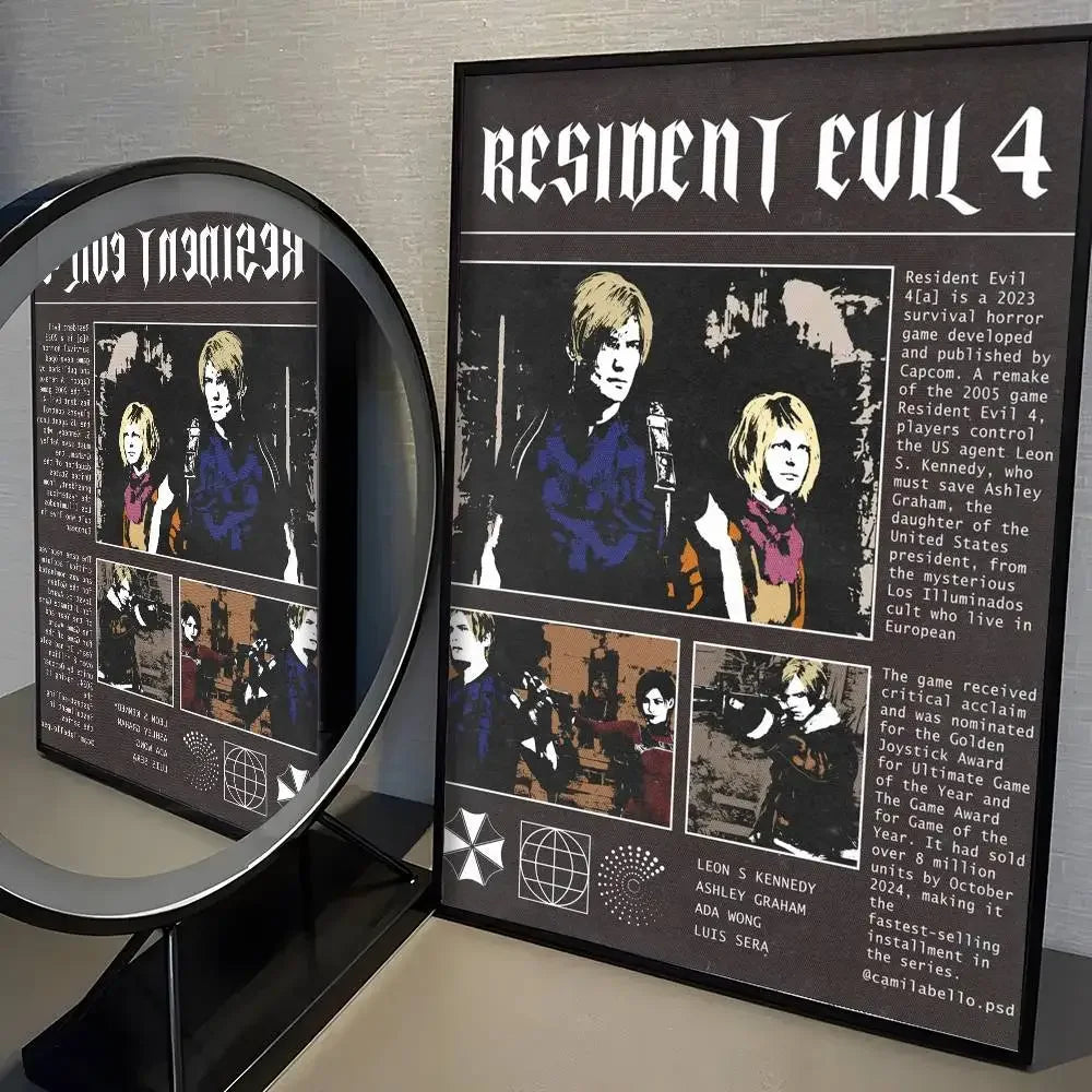 A framed poster for Resident Evil 4 featuring characters and game details.