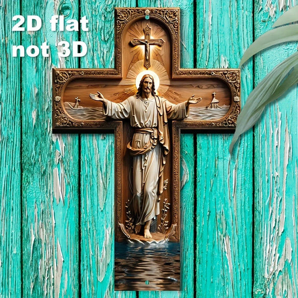 A vintage wooden cross wall decor featuring a carved figure of Jesus on a wooden background.