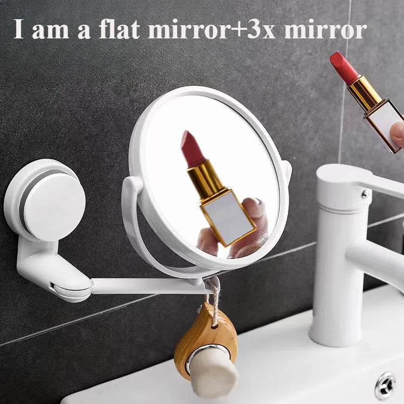 A flat mirror and a 3x magnifying mirror mounted on a white bathroom faucet.