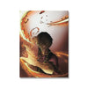 Minimalist canvas wall art featuring a dark-haired character with glowing orange fire effects against a muted background.