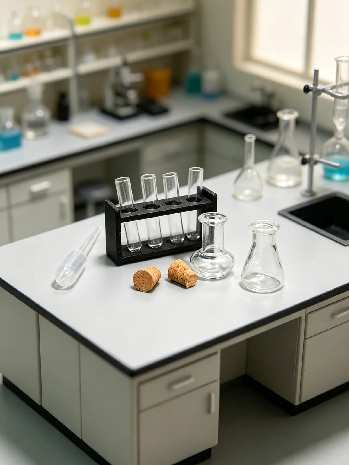 A white laboratory table displaying various glass vials, pipettes, and small wooden samples for a miniature set.
