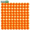 A grid of bright orange artificial marigold and carnation flowers for festive decoration