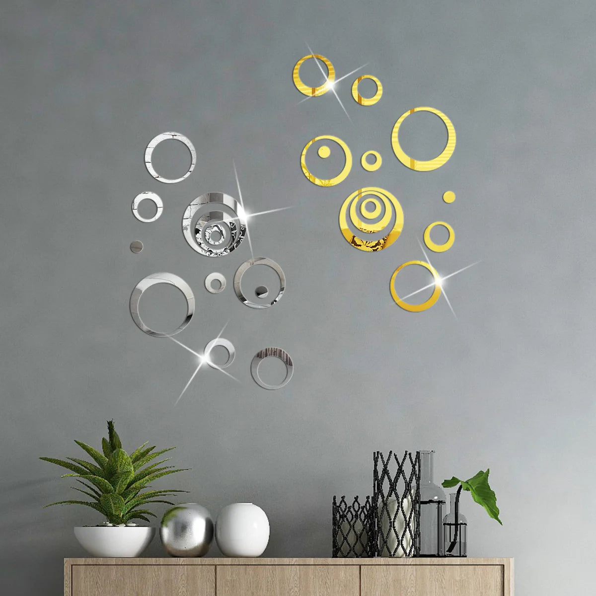Set of 24 Gold & Silver Mirror Circle Wall Stickers