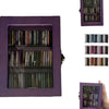 A purple decorative book display featuring multiple sections of books.