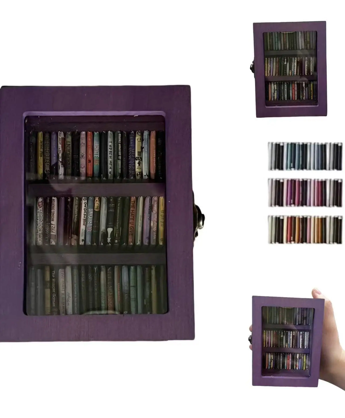 A purple decorative book display featuring multiple sections of books.