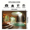 A photo booth backdrop featuring a tropical cave setting with an arched waterfall and lush greenery.