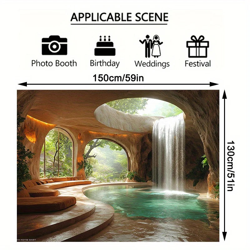 A photo booth backdrop featuring a tropical cave setting with an arched waterfall and lush greenery.