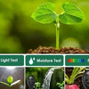A close-up of a plant seedling growing in soil, with accompanying tools for testing light, moisture, and pH.
