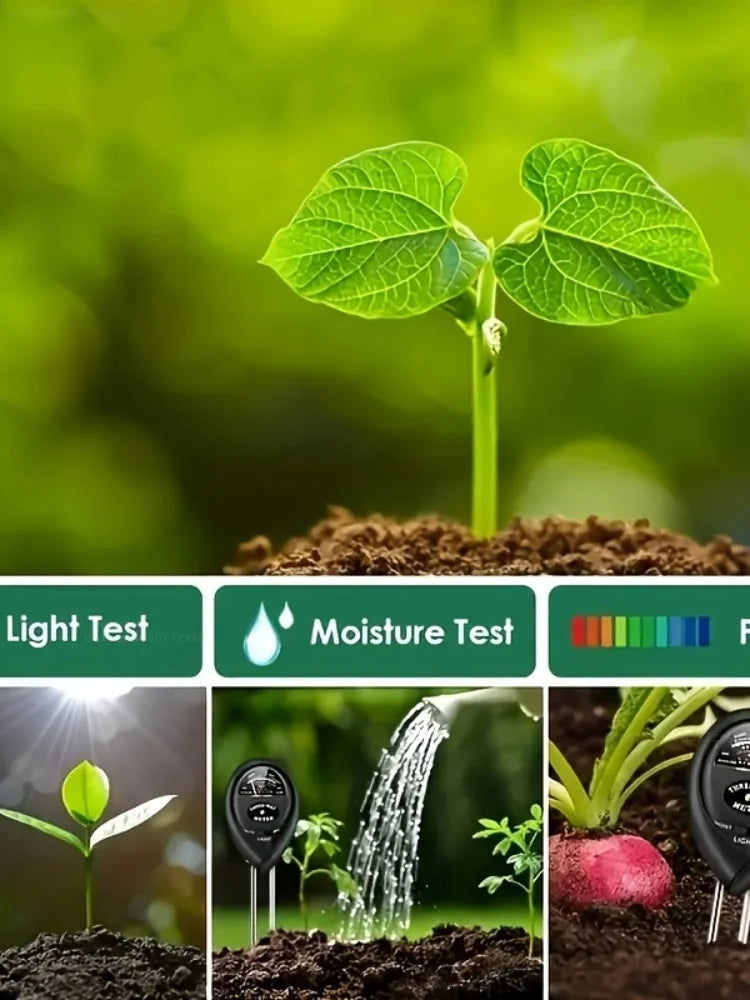 A close-up of a plant seedling growing in soil, with accompanying tools for testing light, moisture, and pH.