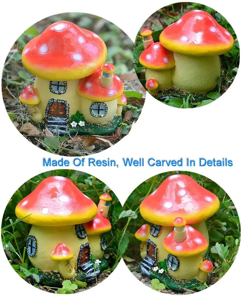A detailed resin mushroom house garden statue featuring a bright orange cap and yellow body with carved details.