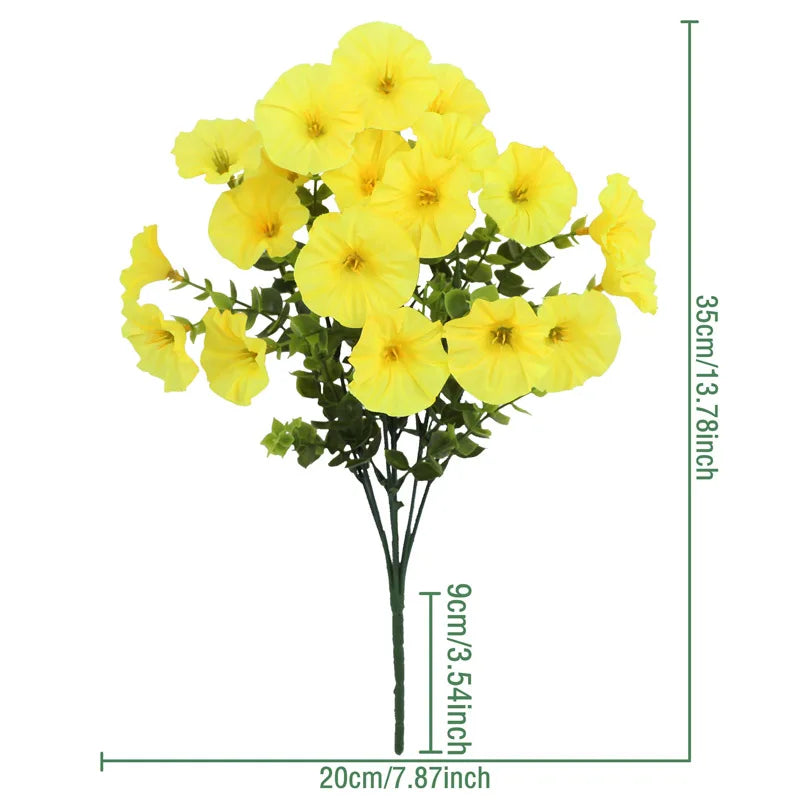 A bouquet of artificial silk cloth yellow flowers with green leaves.