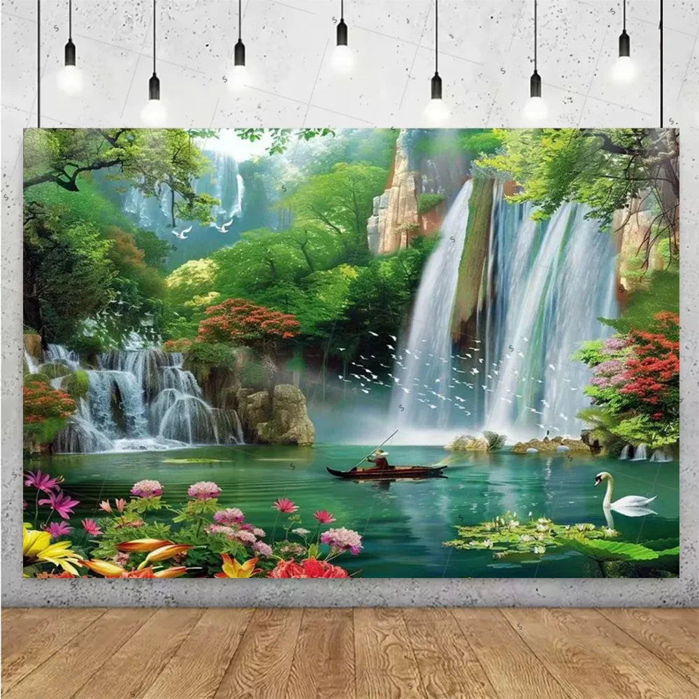 Forest Waterfall Wonderland Photography Backdrop