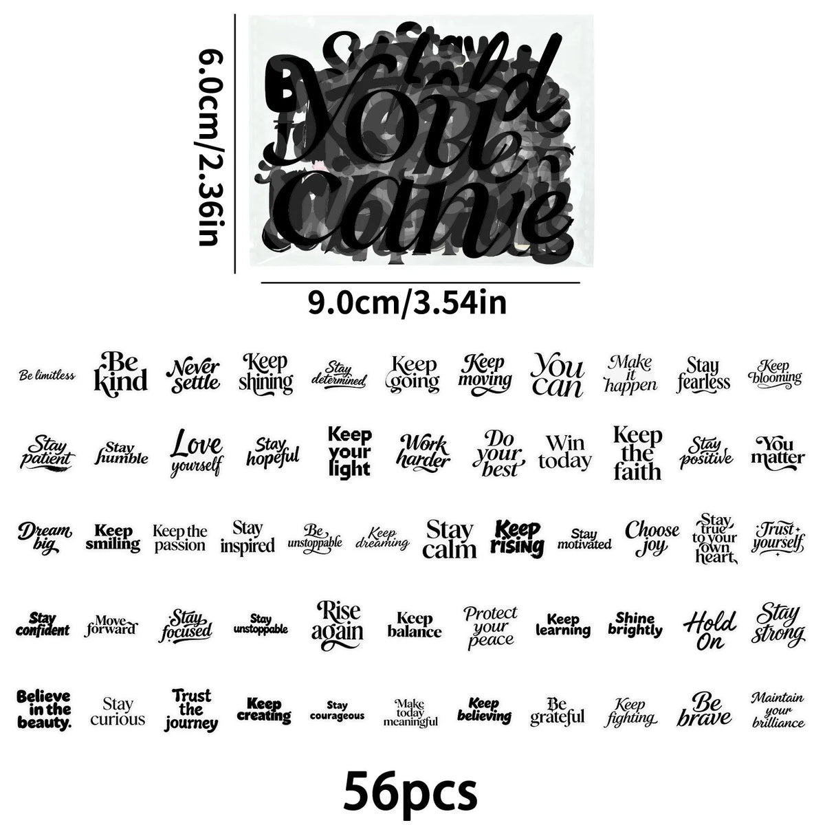 A collection of 56 inspirational quote decals featuring various motivational phrases like Be kind Stay shining and Keep your 