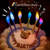 A colorful flame candle cake decorated with white frosting and blue border, featuring a bear design.