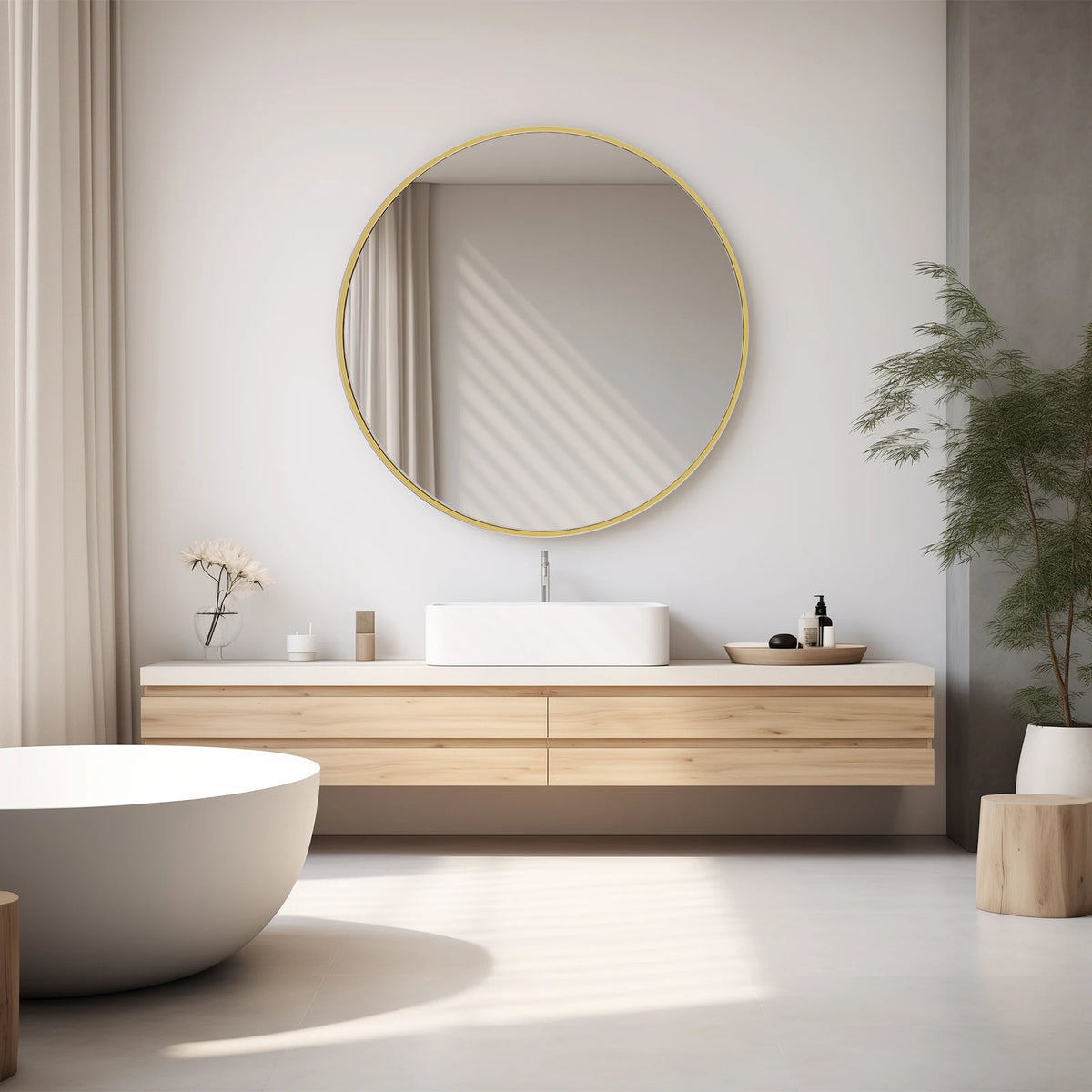 A modern bathroom featuring a light wood vanity with a white vessel sink and a large round mirror with a gold frame.