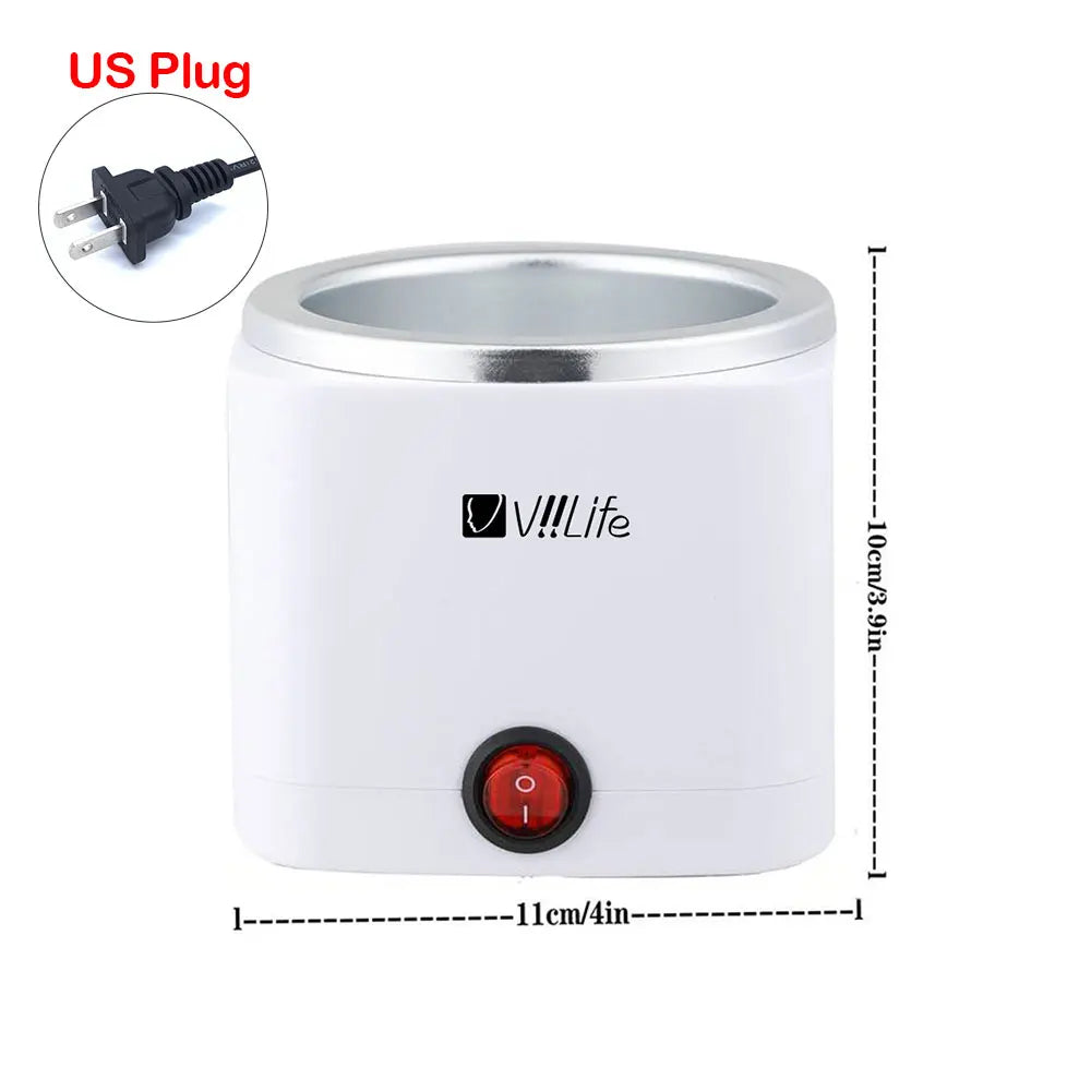 A white compact wax warmer with a round control button and an inset showing a US plug.