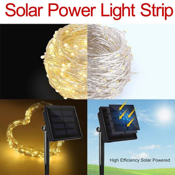A close-up view of a yellow solar power light strip string wrapped around a stake, demonstrating high efficiency solar power.