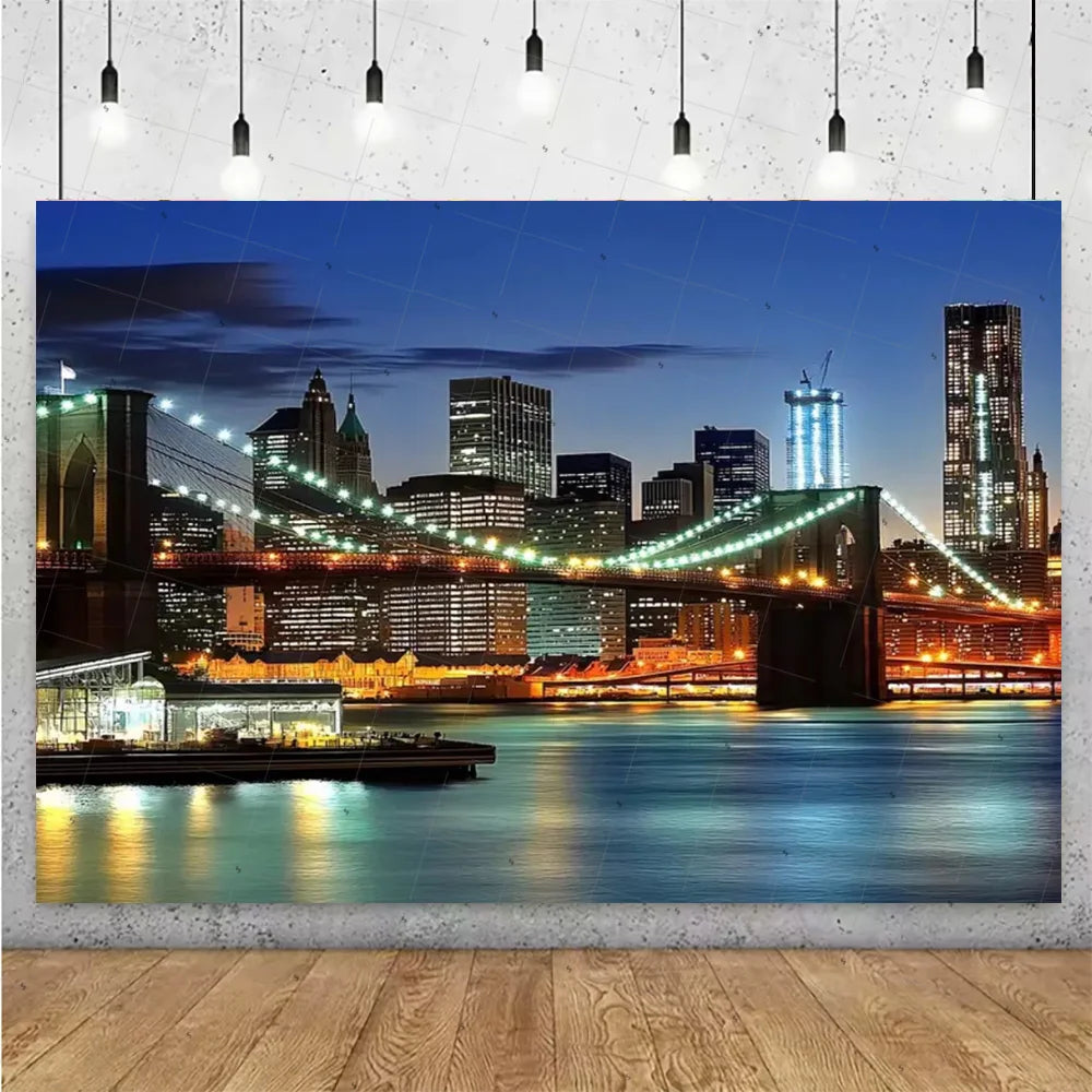 A photograph of the Night City skyline at dusk featuring illuminated high-rise buildings and a bridge reflected on the water.