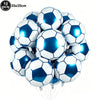 A pack of ten blue and white soccer ball balloons used for party decorations.