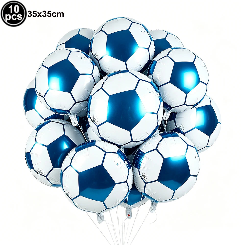 A pack of ten blue and white soccer ball balloons used for party decorations.