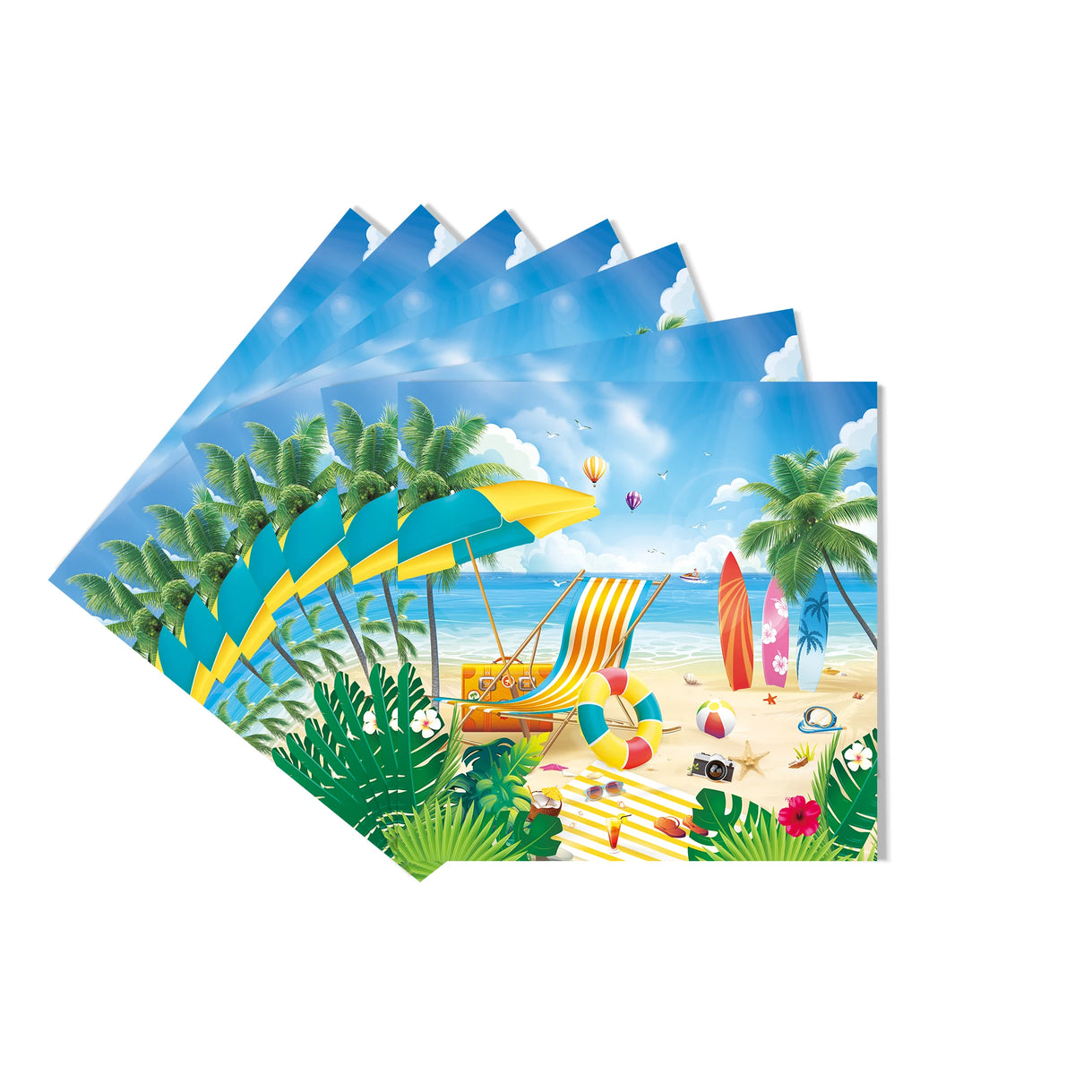 A set of Hawaiian luau party sunglasses and table mats featuring tropical themes on a beach scene.
