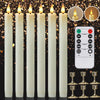 A set of white LED taper candles, a remote control, and candle holders are displayed against a dark background.