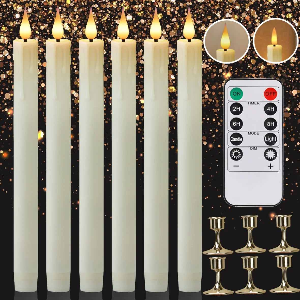 A set of white LED taper candles, a remote control, and candle holders are displayed against a dark background.